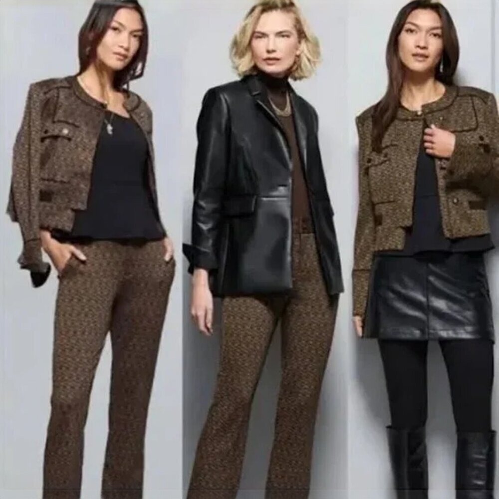 Cabi Director Patterned Blazer & High Waist Wide Leg Trousers Black Tan Women M